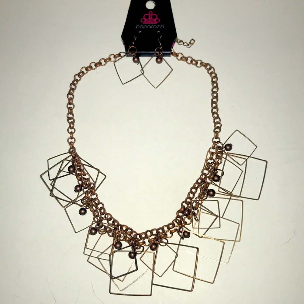 Paparazzi bronze geometric necklace earring set
